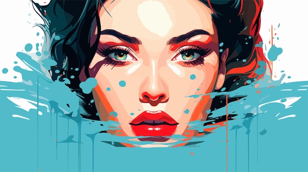 a poster of a woman with a blue background and a red and blue water droplet