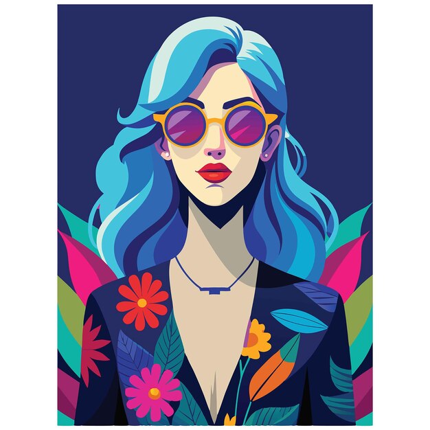 Vector a poster of a woman with blue hair and sunglasses