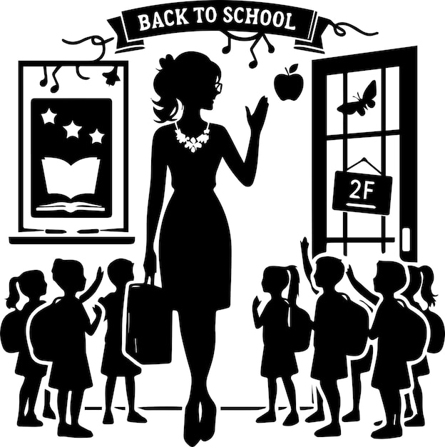 Vector a poster of a woman with a group of children in front of a school with the words back to school