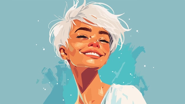 Vector a poster of a woman with white hair and a blue background with a picture of a smiling blonde