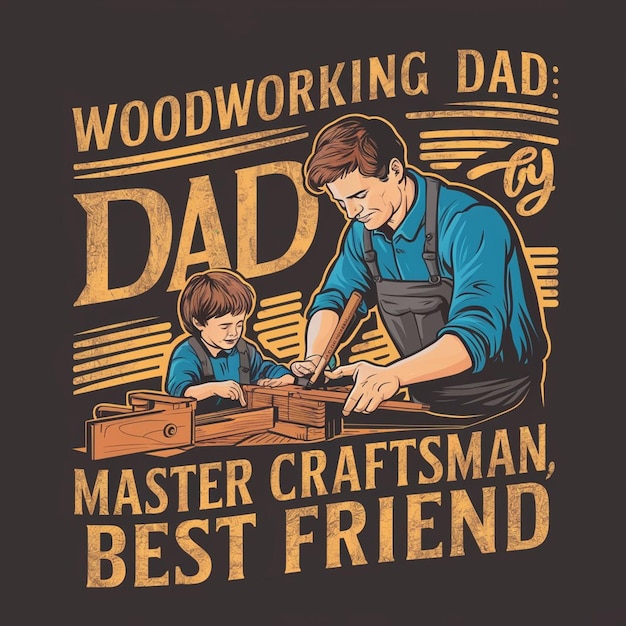 a poster of a woodworking man working with a man and a child