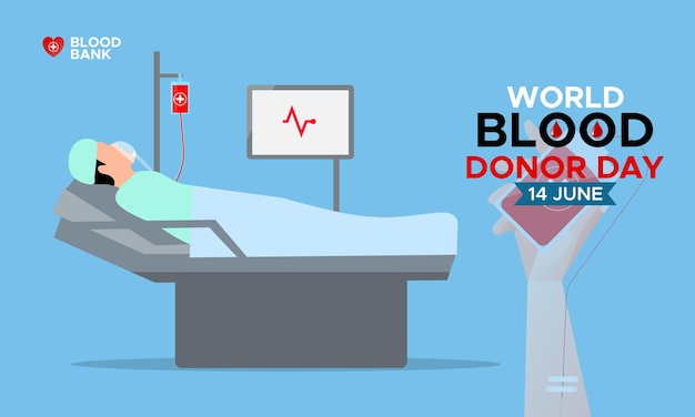 A poster for world blood donor day is shown with a red tube and a blood test tube.