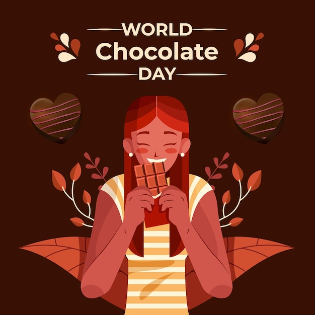 Vector a poster for world chocolate day with a girl eating a cup of chocolate