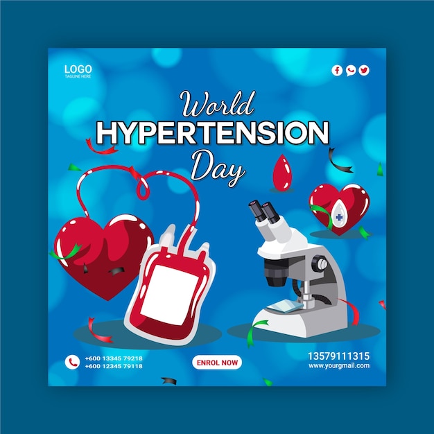 A poster for world hypertension day with a microscope and a blood bag.