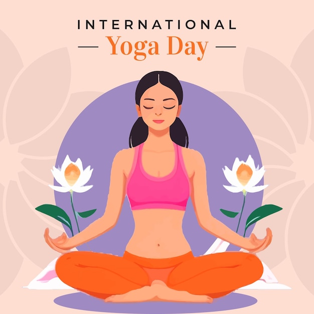 a poster for a yoga day with a woman in pink