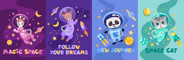 Posters set with different sign slogans and cute animals astronauts in space suits