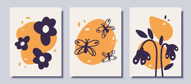 posters with flowers and butterflies in doodle style