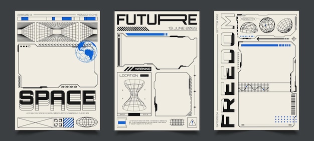 Posters with HUD elements and empty frames Abstract cyberpunk banner with wireframe 3D figures