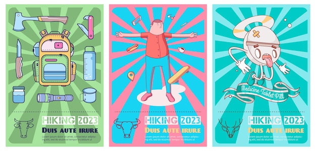 posters with medical pill, doodle man and hiking backpack