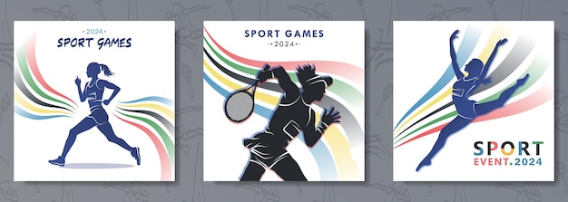 Vector posters with silhouettes of female tennis player athlete woman in a race and gymnast girl