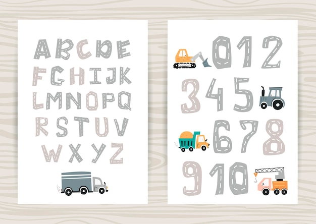 Posters with track road alphabet and numbers and baby cars