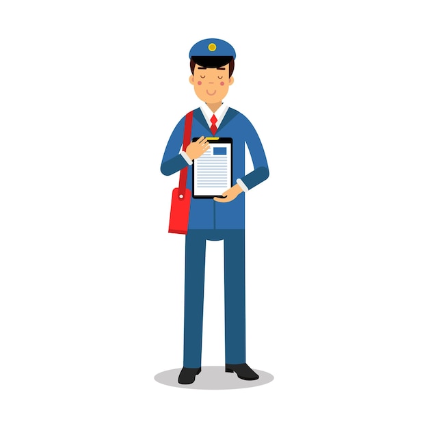 Postman in blue uniform with red bag holding clipboard cartoon character, express delivery mail vector Illustration isolated on a white background