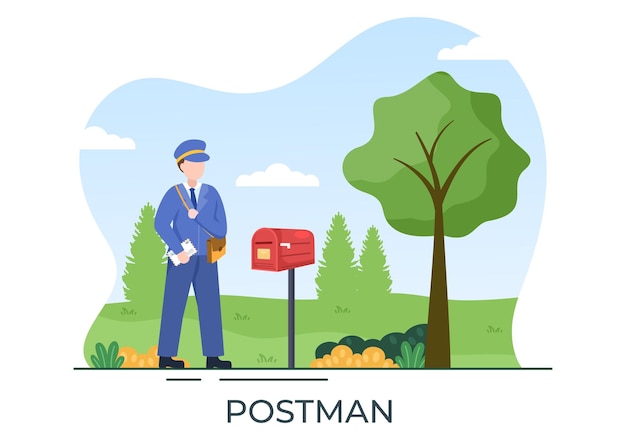 Postman Cartoon Vector Illustration Wearing Uniform and Carrying Envelope in Mailbox