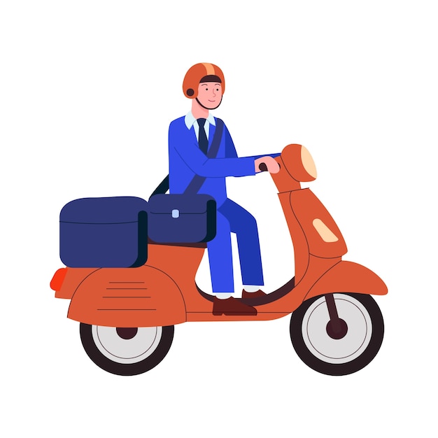 Postman Deliveries Mail and Packages Using Motor Scooter Flat Cartoon