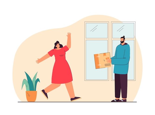 Postman or deliveryman giving parcel to woman who in a hurry to receive it. Courier delivering order to customers home flat illustration