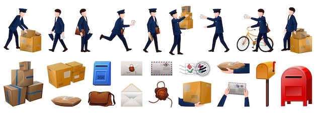 Postman icons set cartoon vector Mailman carrier Postie postboy