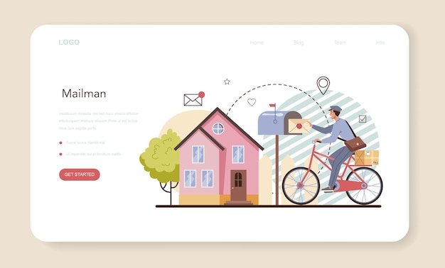 Postman web banner or landing page. Post office staff providing mail service, accepting of letter and package. Delivery and international comunication. Isolated flat vector illustration