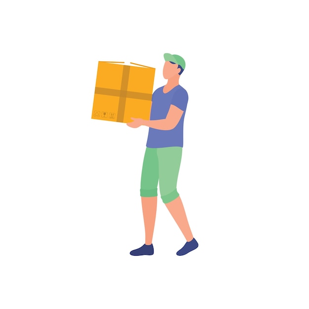 Postman with cardboard box Handsome person holding parcel Cartoon male character delivering package