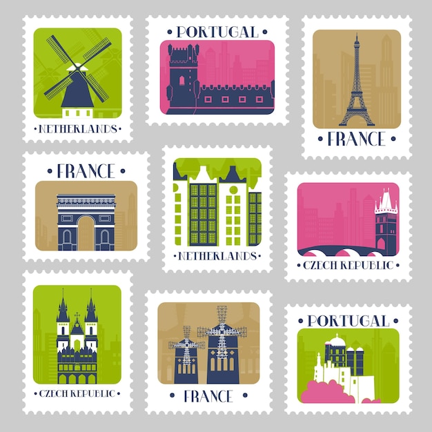 Postmark set design with europe country landmark