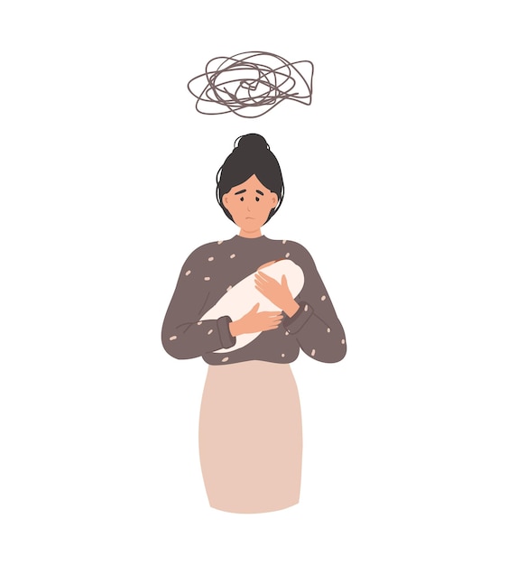 Postpartum depression, sad woman with baby and chaos line, Mother in depression, motherhood burnout