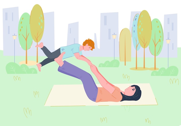 Postpartum women yoga banner or poster with mother and baby practicing sport outdoors in park