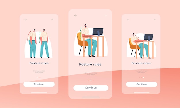 Posture Rules Mobile App Page Onboard Screen Template Male Character Standing And Sitting At Desk Scoliosis Prevention