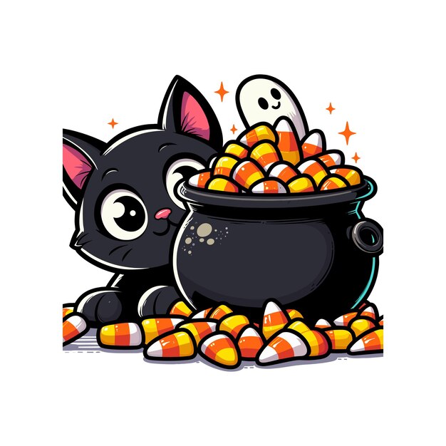 Vector a pot of corn with a cat halloween curious black cat into a bubbling cauldron filled with candy cor