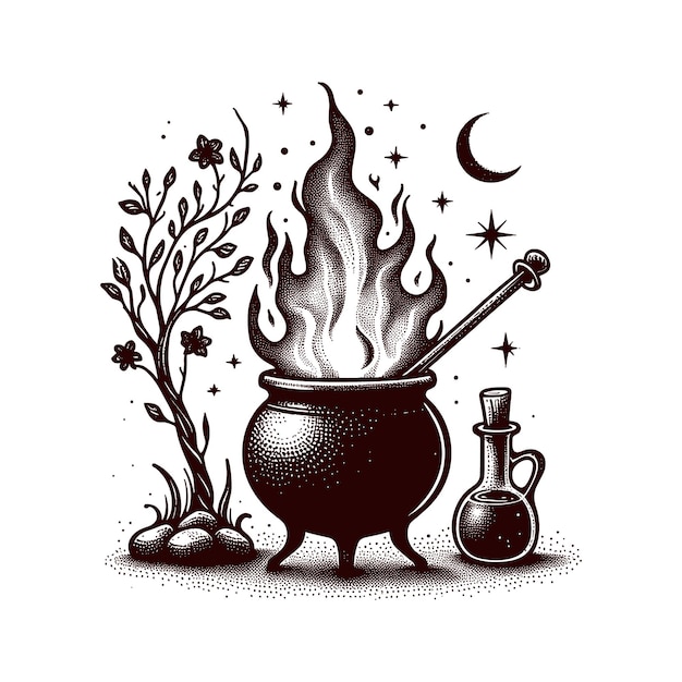 a pot with a burning flame and a bottle of perfume