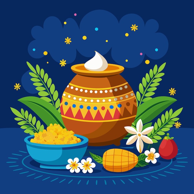 Vector a pot with a flower on it and a blue background with a star on it