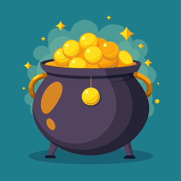 Vector a pot with gold coins and a blue background with stars and a blue background