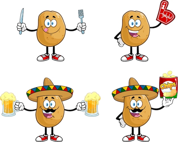 Potato Cartoon Character. Vector Hand Drawn Collection Set