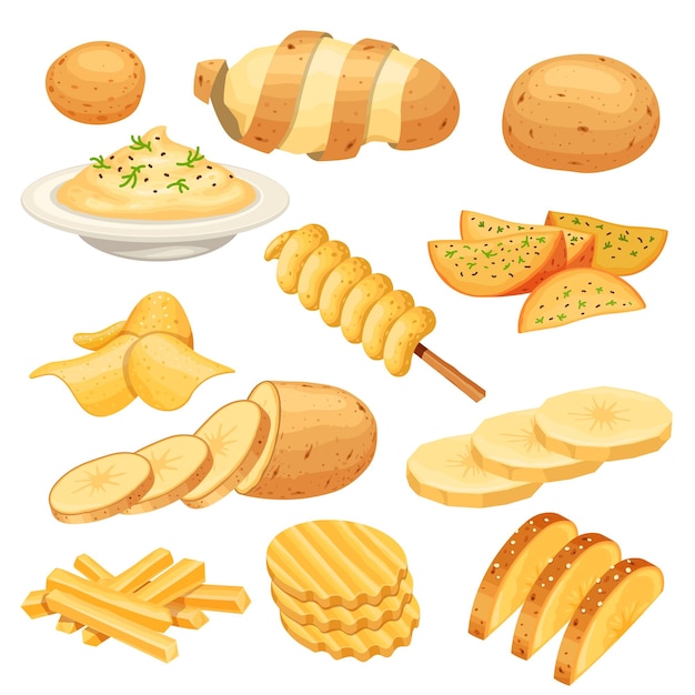 Potato dish meal garnish street food and snack French fries rustic and mash potatoes chips Cartoon sliced potato product vector set Fast food for lunch or dinner vegetarian meal