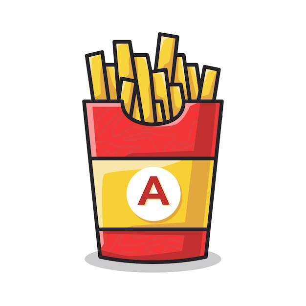 Potato French fries in the big fast food container in cute line art illustration