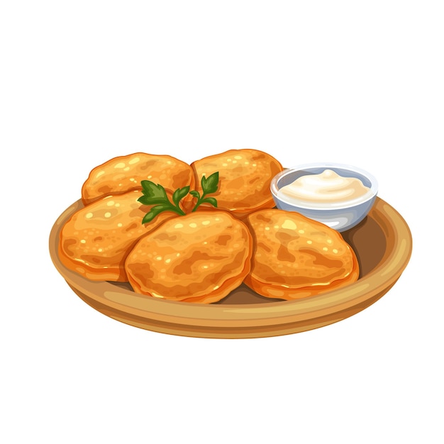 Potato pancake food   illustration. A tradition of European or Belarusian cuisine of potato dish on a plate with sour cream