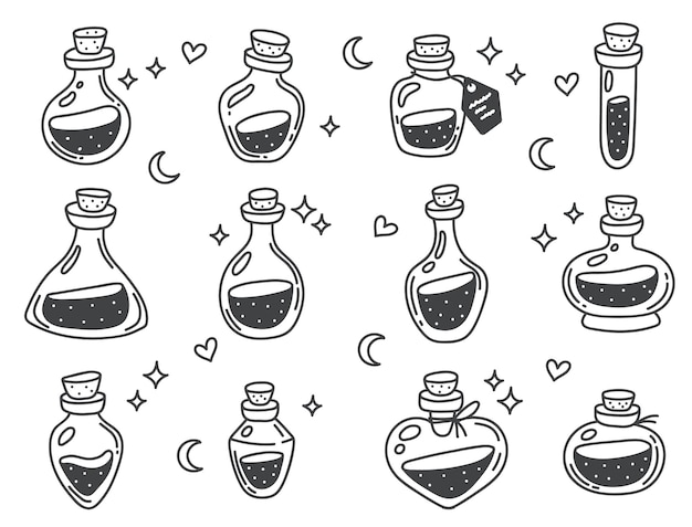 Potion alchemy jar bottle mystic glass line art style isolated set collection graphic design