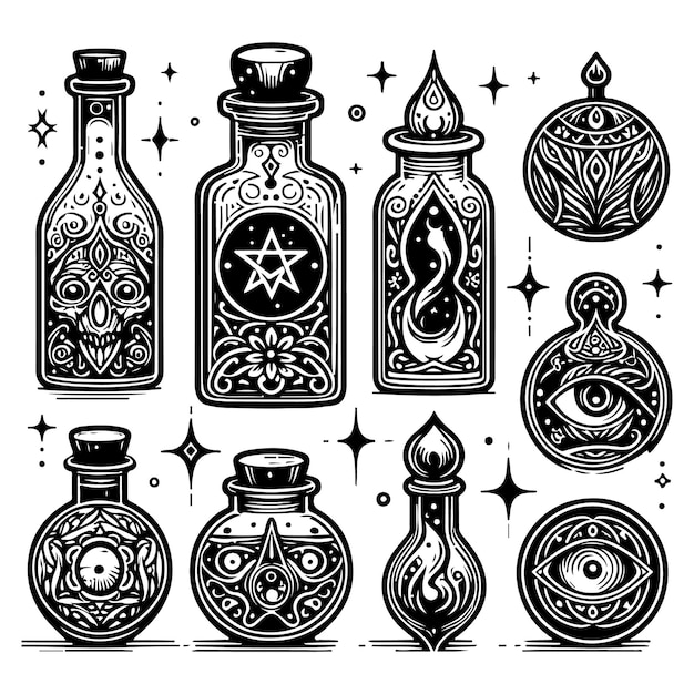 Potion alchemy jar bottle mystic glass line art style isolated set collection Vector illustration