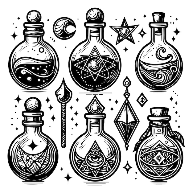 Potion alchemy jar bottle mystic glass line art style isolated set collection Vector illustration