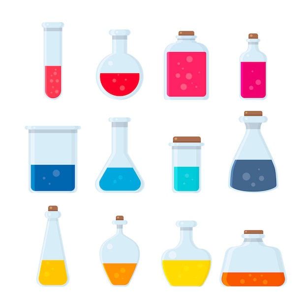 Vector potion bottle icons setscientific research chemical experimentflat design vector illustration con