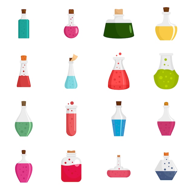 Potion magic bottle icons set