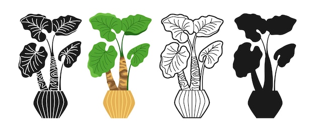 Potted house plant cartoon icon set leaf houseplant flowerpot doodle line icon silhouette style