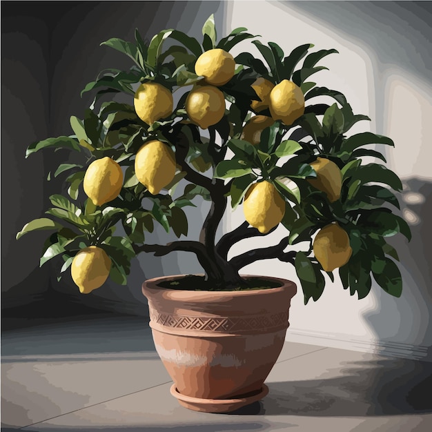 Potted Lemon Tree Detailed Botanical Illustration