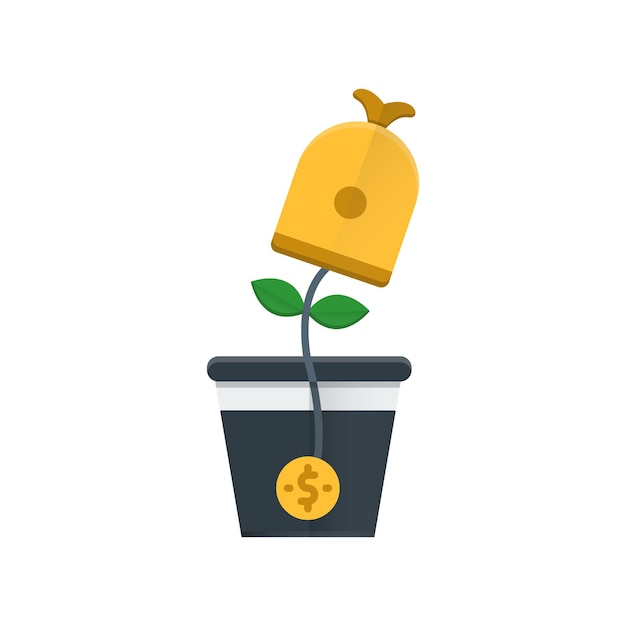 A potted plant with a bag with a dollar sign on it.