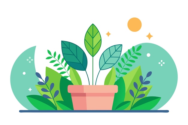 Vector potted plant with green leaves and a sun illustration