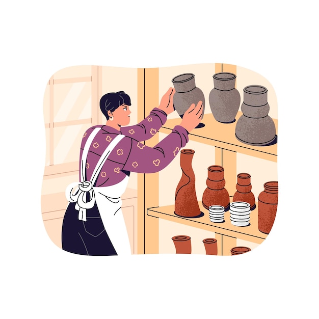 Potter in apron takes clay pot from shelf Ceramist with handmade crockery on storage Woman holds handwork crock in hands Pottery products Flat isolated vector illustration on white background