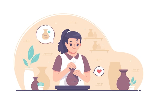 Potter girl Making Clay Pots On Pottery Wheel illustration