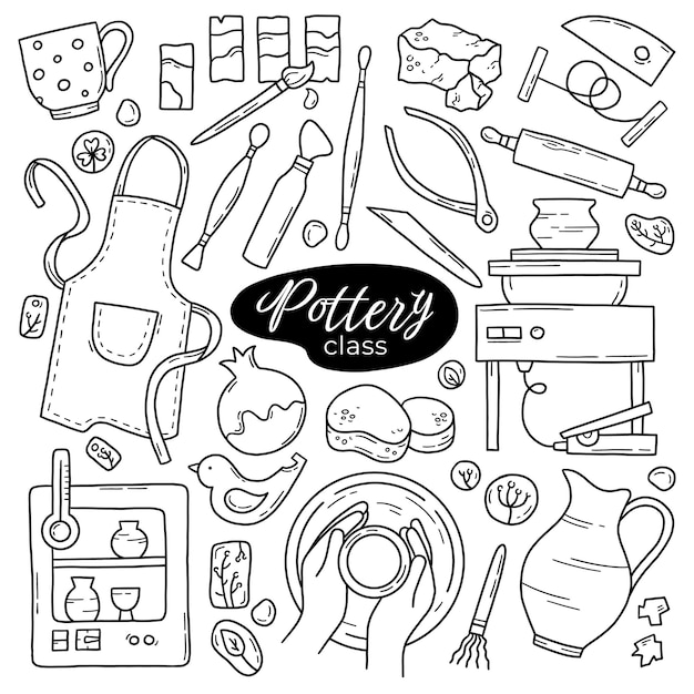 Pottery class and ceramics workshop vector set of doodle icons