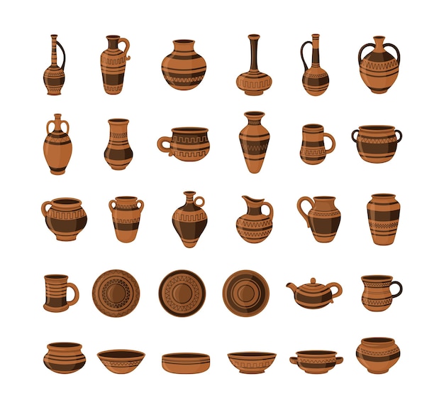 Pottery collection. Realistic clay pots and vases.