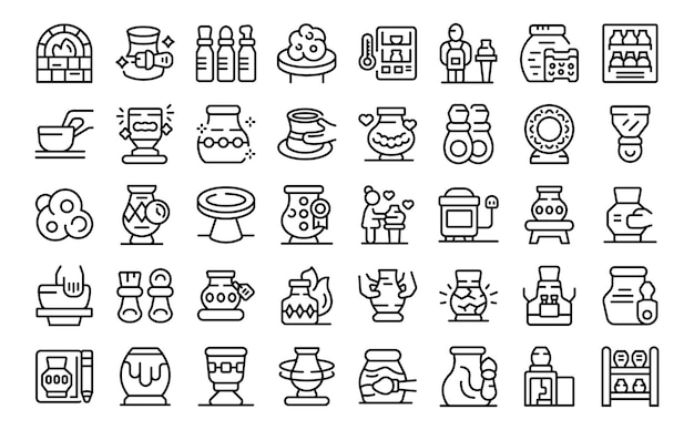 Pottery lessons icons set outline vector Woman people Hobby work