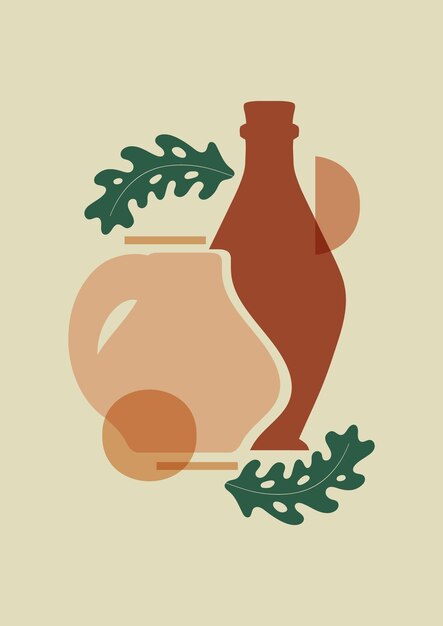 Vector pottery wall art vector drawing with abstract shapes aesthetic illustration with bottle and oak leaves