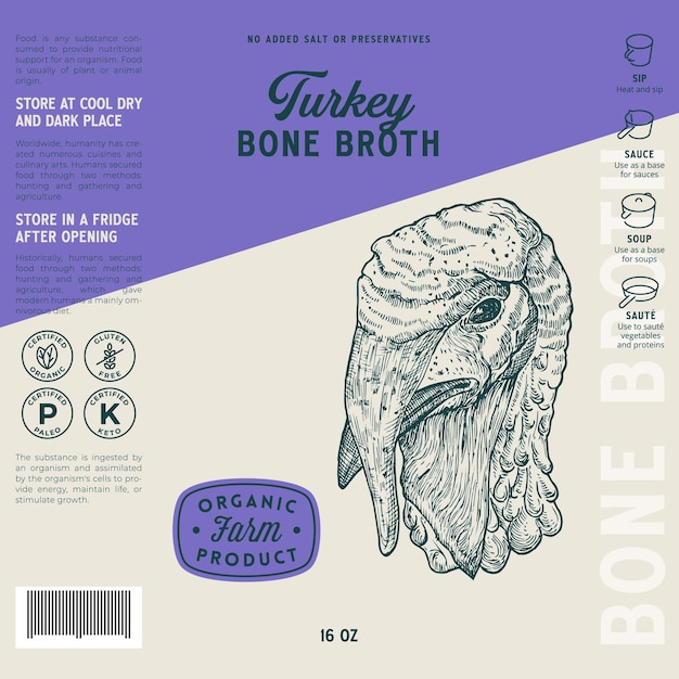 Poultry bone broth label template abstract vector food packaging design layout hand drawn turkey hea...